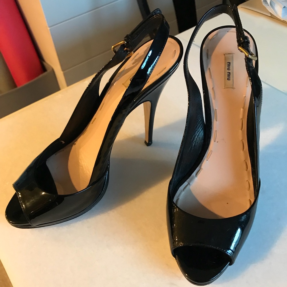 Miu Miu patent leather peep toe slingback heels 39